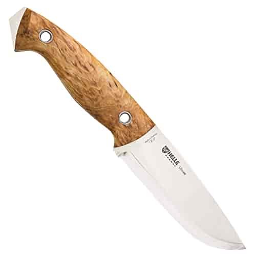 HELLE Knives - Utvaer - Bushcraft, Hunting Camping, Outdoor Knife - Full Tang, Fixed Blade with Curly Birch Wood Handle, Scandi Grind - Leather Sheath - Sandvik 12C27 Stainless Steel HELLE Knives - Utvaer - Bushcraft, Hunting Camping, Outdoor Knife - Full Tang, Fixed Blade with Curly Birch Wood Handle, Scandi Grind - Leather Sheath - Sandvik 12C27 Stainless Steel