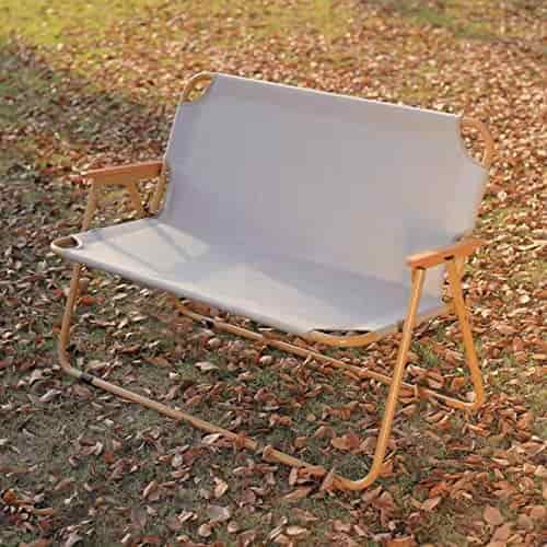 Outdoor Double Beach Chair, Folding Camping Aluminum Loveseat Chair with Wooden Armrests, Thick Oxford Cloth Material, Suitable for Indoor and Outdoor, Beige