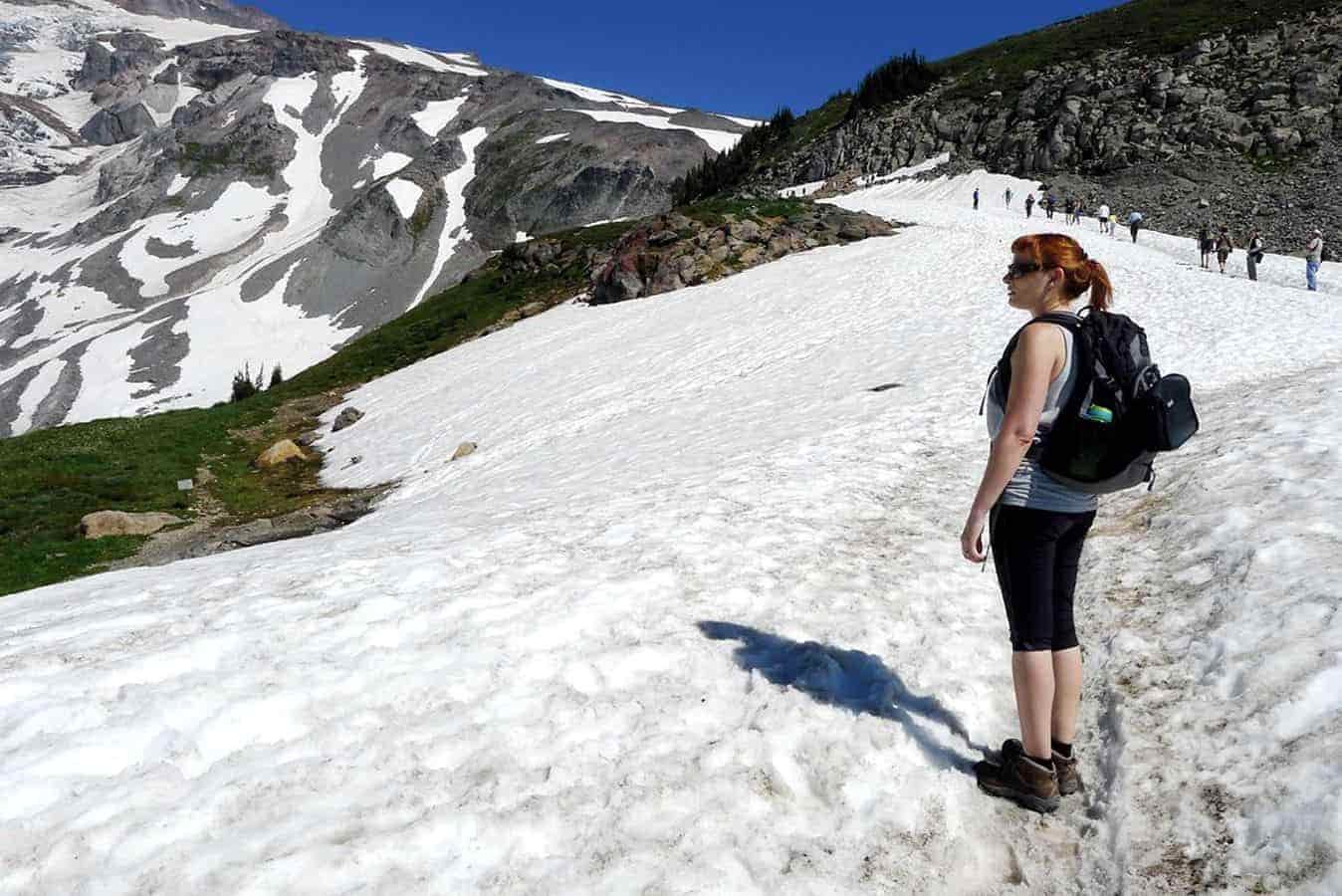 hiking on a sunny day in snow