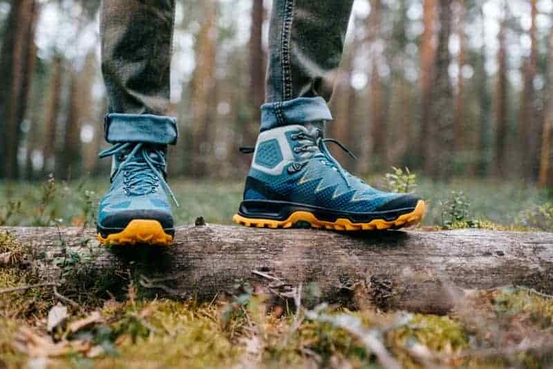 synthetic hiking boots on rugged terrain